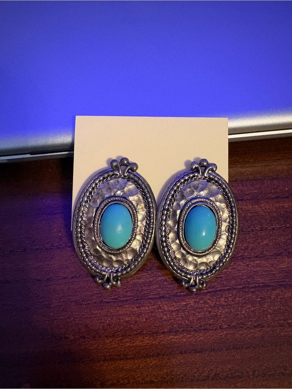 Vintage Silver-Tone Earrings with Turquoise Blue Cabochons